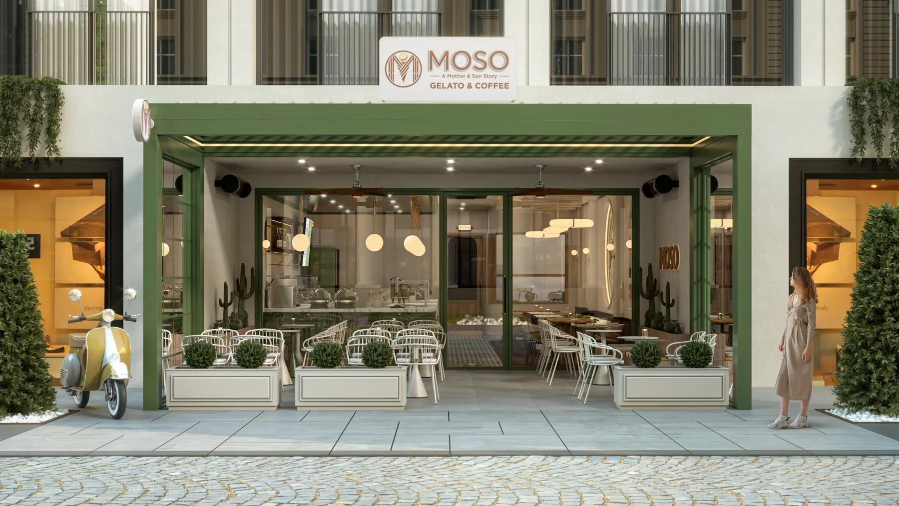 Moso Gelato projesinin yeşil tonlu cephe ve oturma alanı görünümü