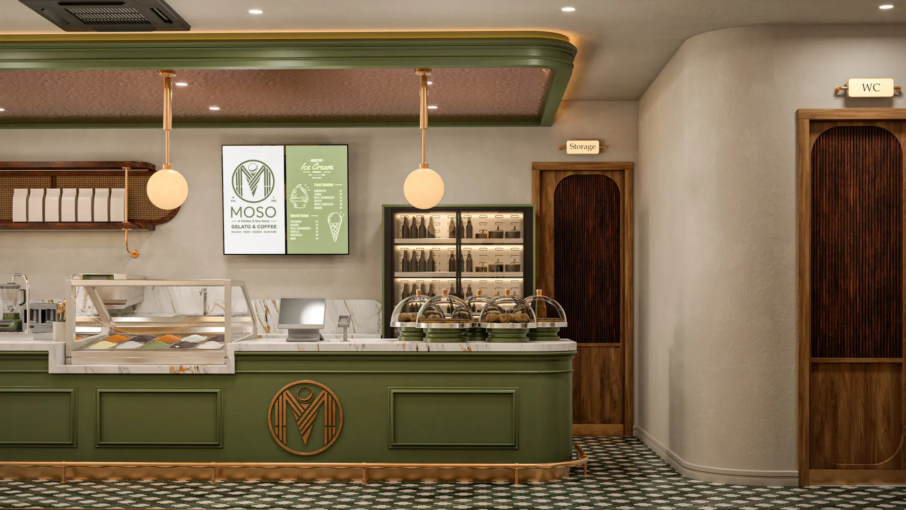 Moso Gelato iç mekanda ürün sergileme ve duvar nişleri