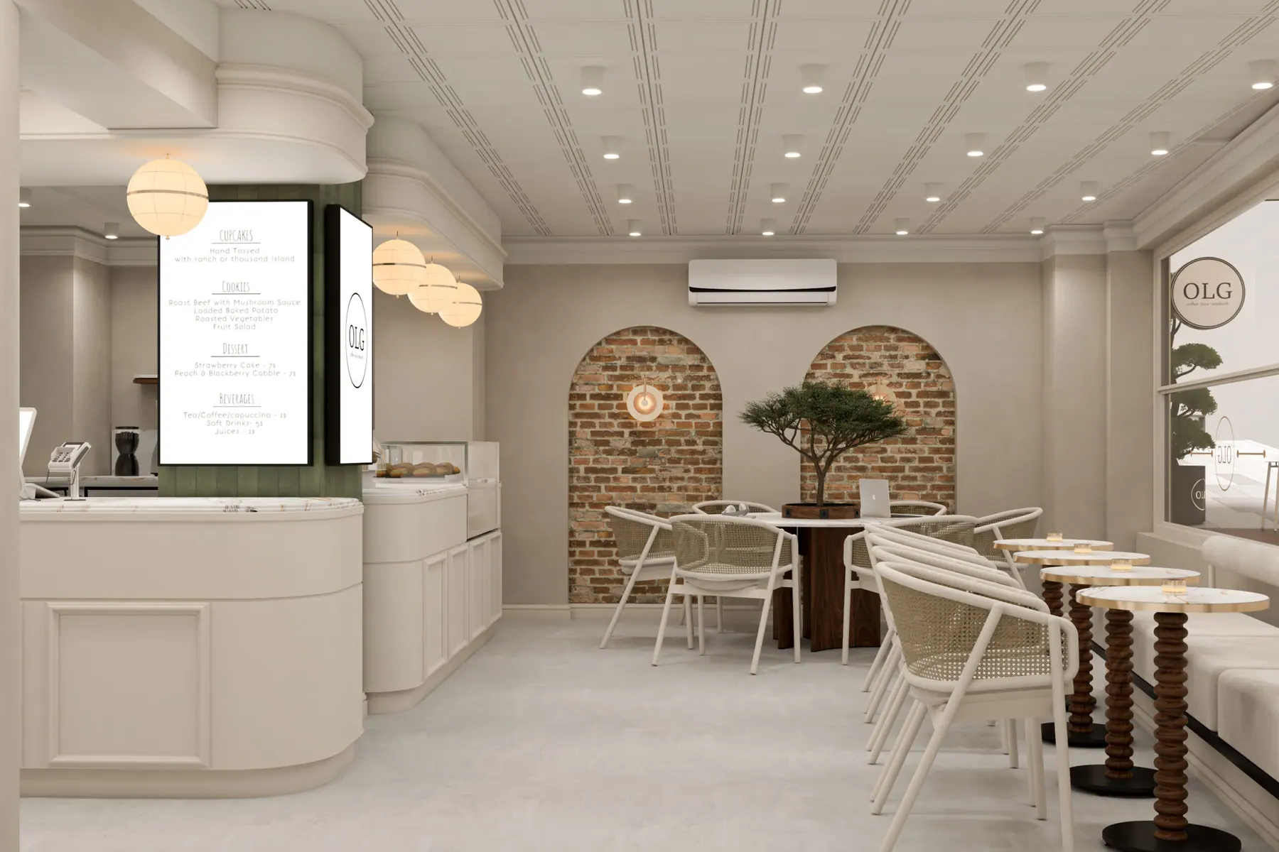 OLG Cafe oturma alanı ve tavan detayı